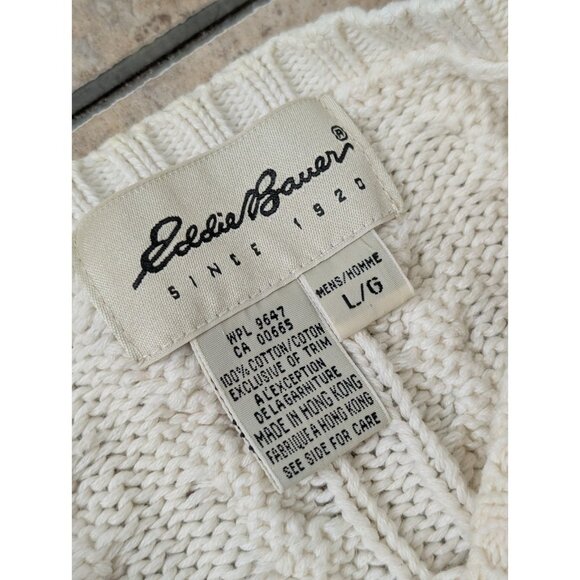 VINTAGE Eddie Bauer Sweater Mens L Ivory Cable Knit Crew Neck Fishermans Knit - Picture 8 of 9